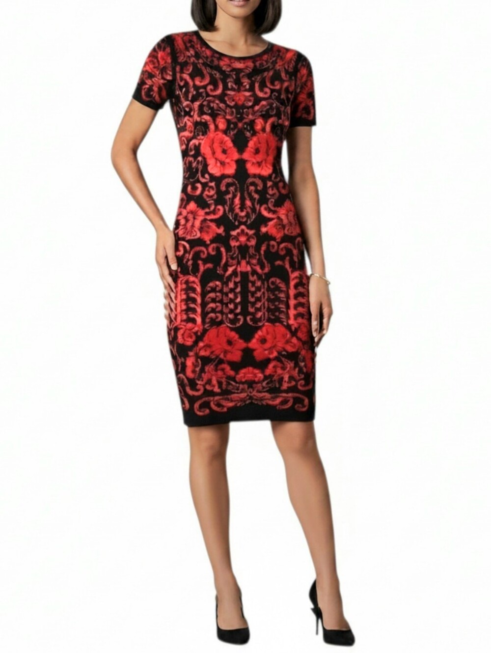 Carmen Marc Valvo Red & Black Floral Sheath Knitted Midi Dress Womens Size M